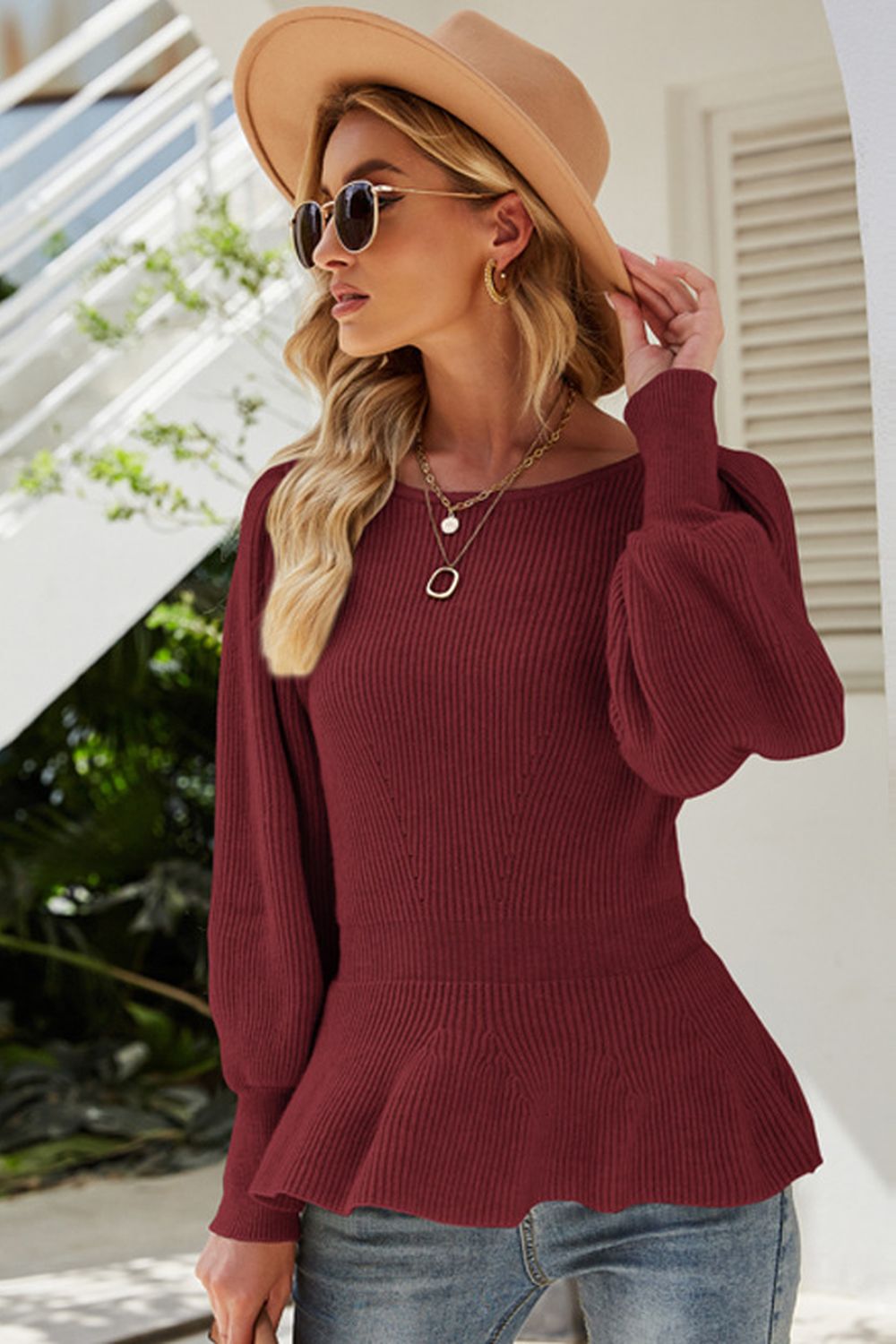 Lantern Sleeve Crop Knitting Sweater