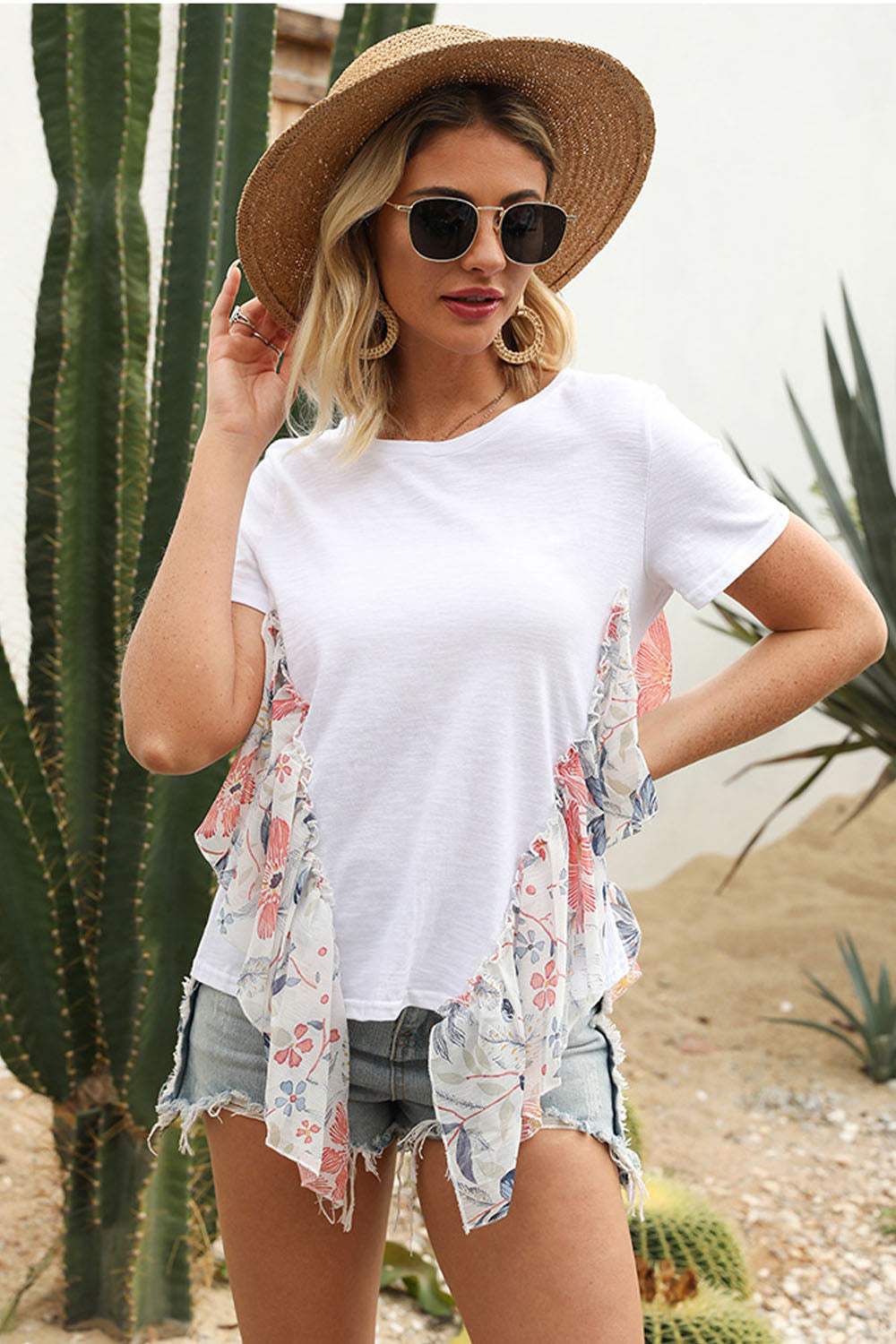 Lace Stitching Floral T-Shirt