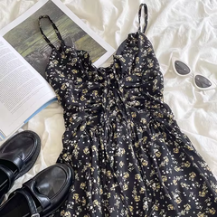 Black Floral Irregular V-Neck Pleated Sling Dress