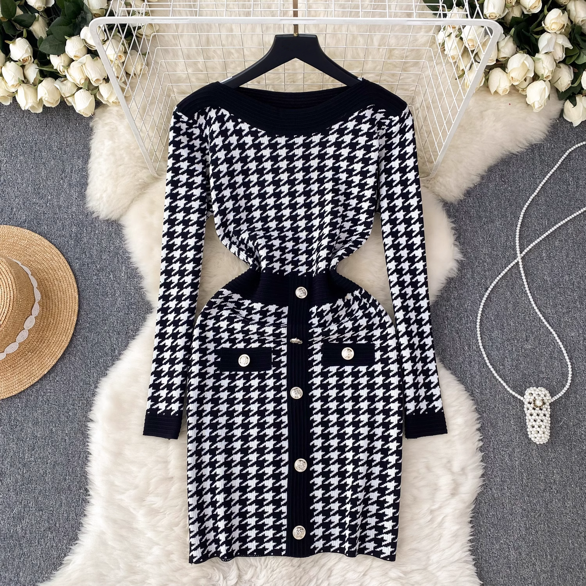 Women's autumn and winter waist-cinching long sleeve knitted dress