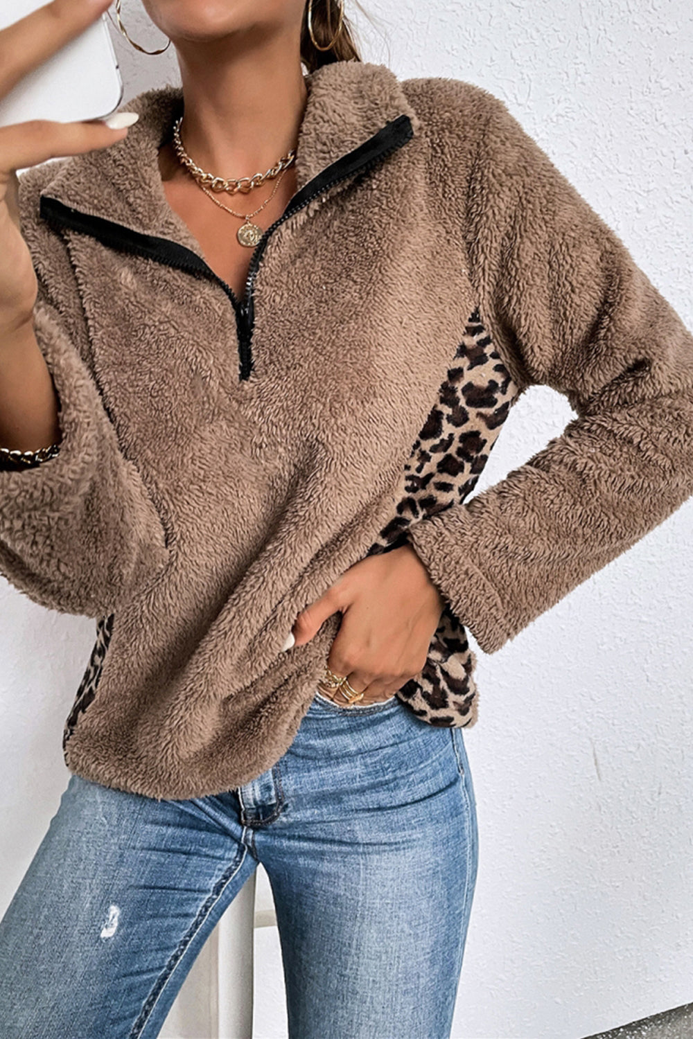 Lapel Patchwork Leopard Print Sweater