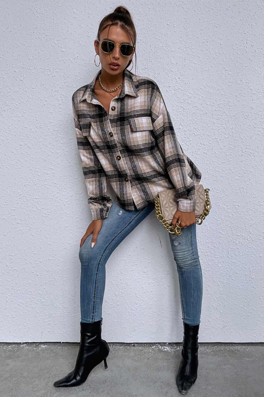 Lapel Single-Breasted Plaid Shirt