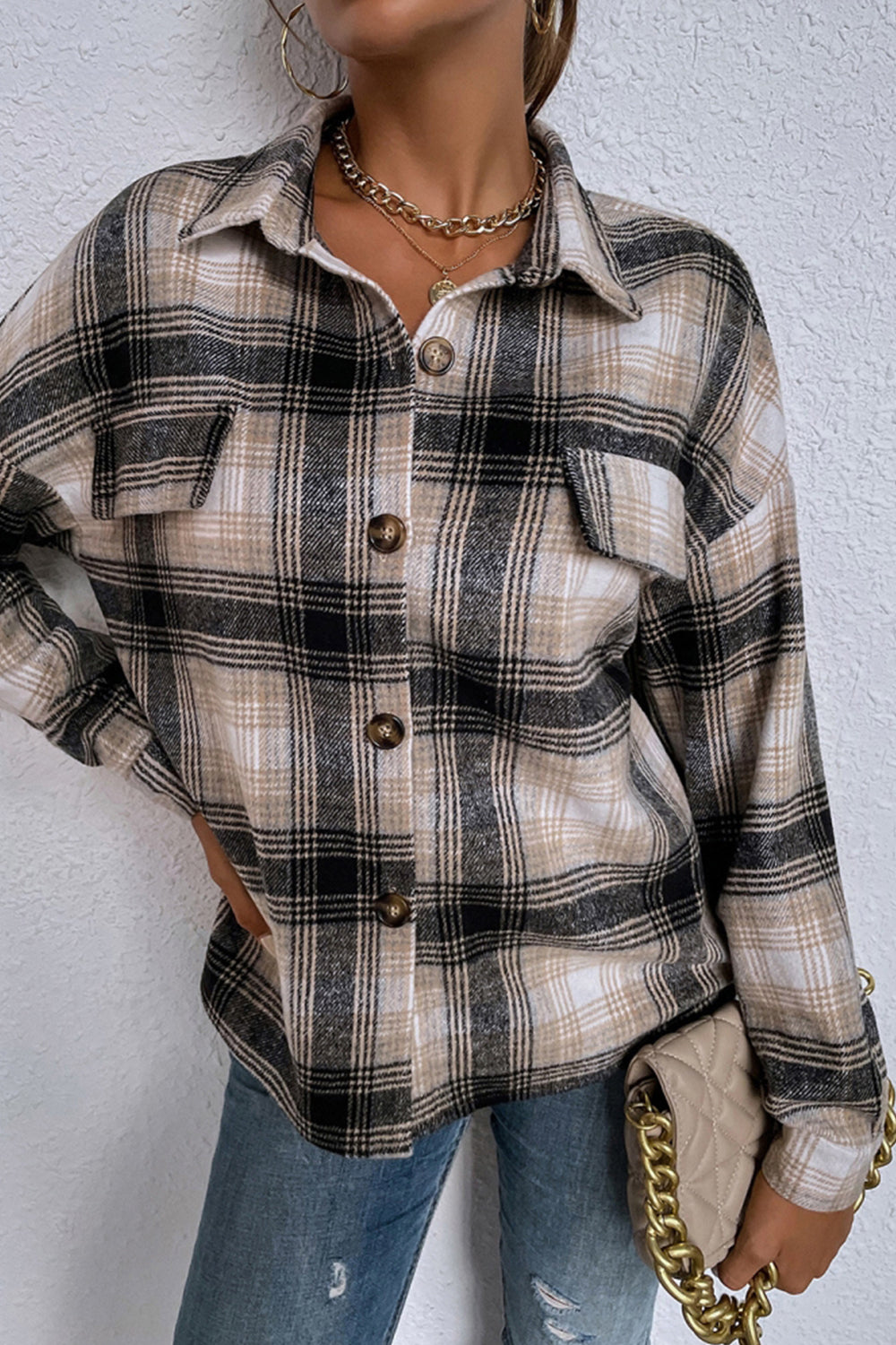 Lapel Single-Breasted Plaid Shirt