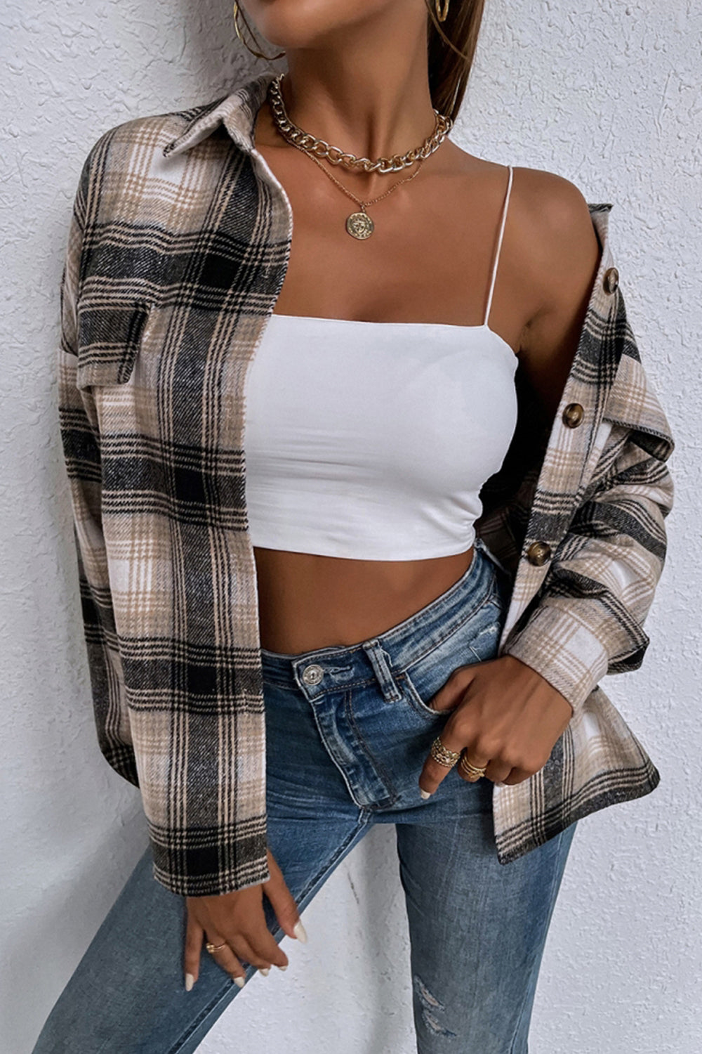 Lapel Single-Breasted Plaid Shirt