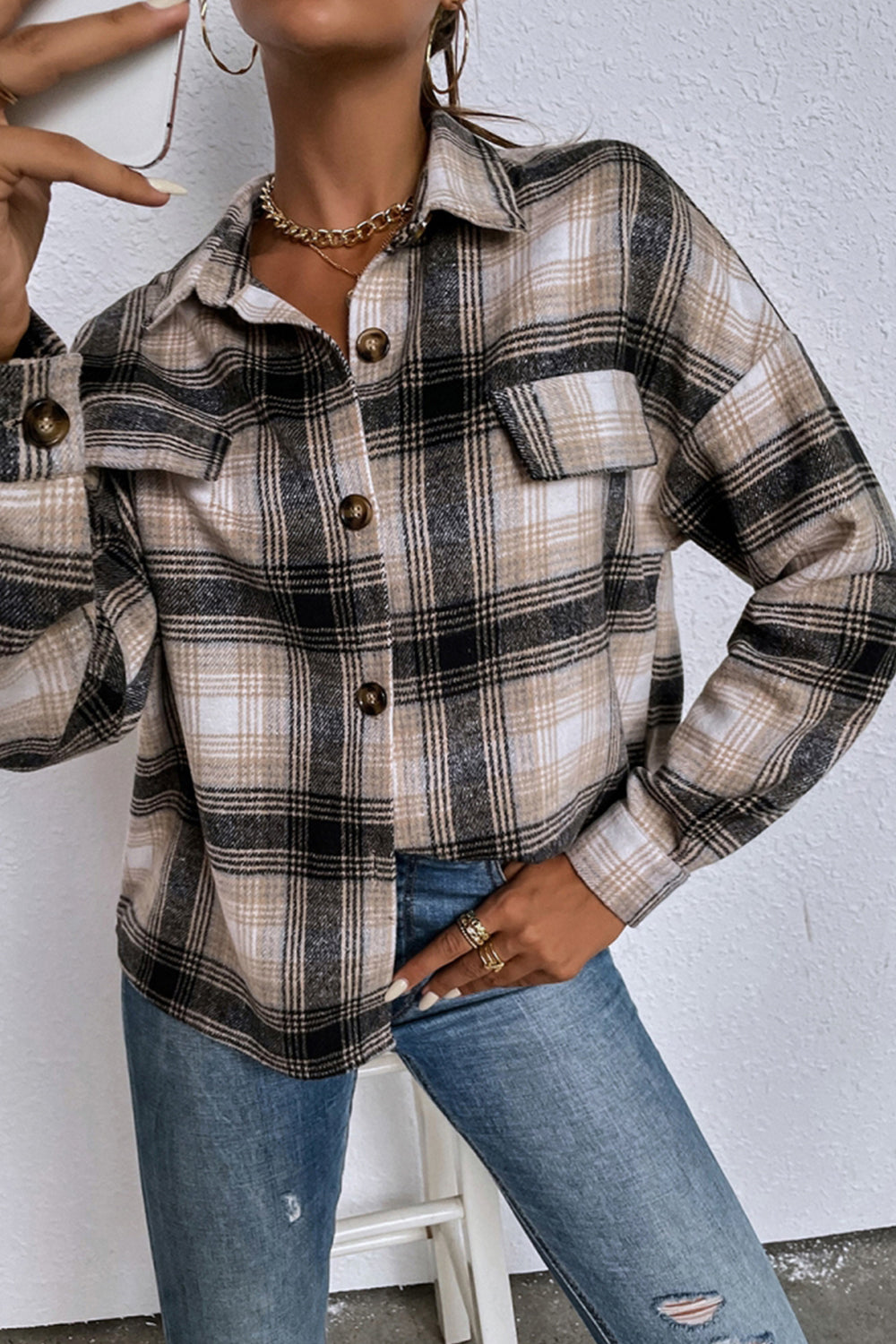 Lapel Single-Breasted Plaid Shirt