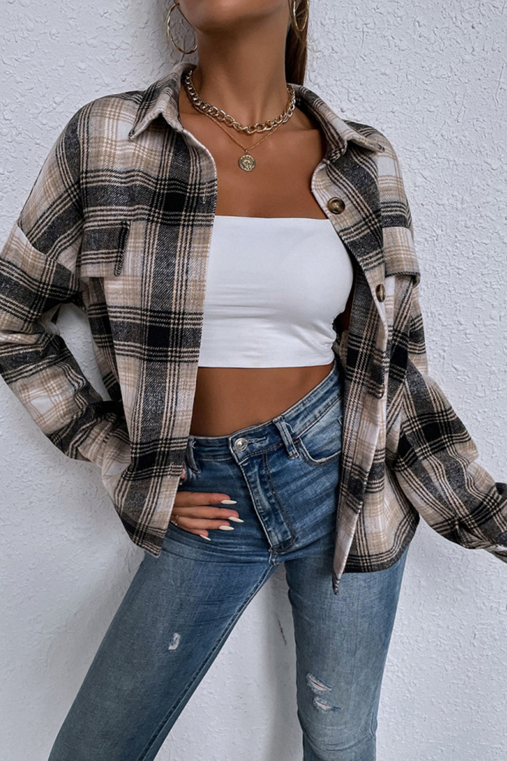 Lapel Single-Breasted Plaid Shirt