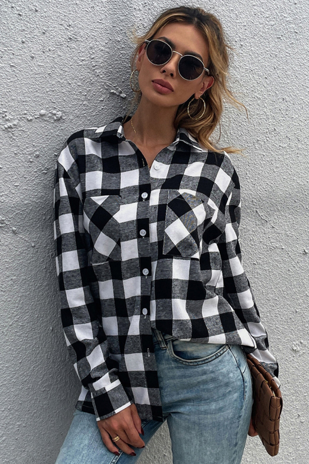 Black And White Plaid Long-Sleeved Shirt