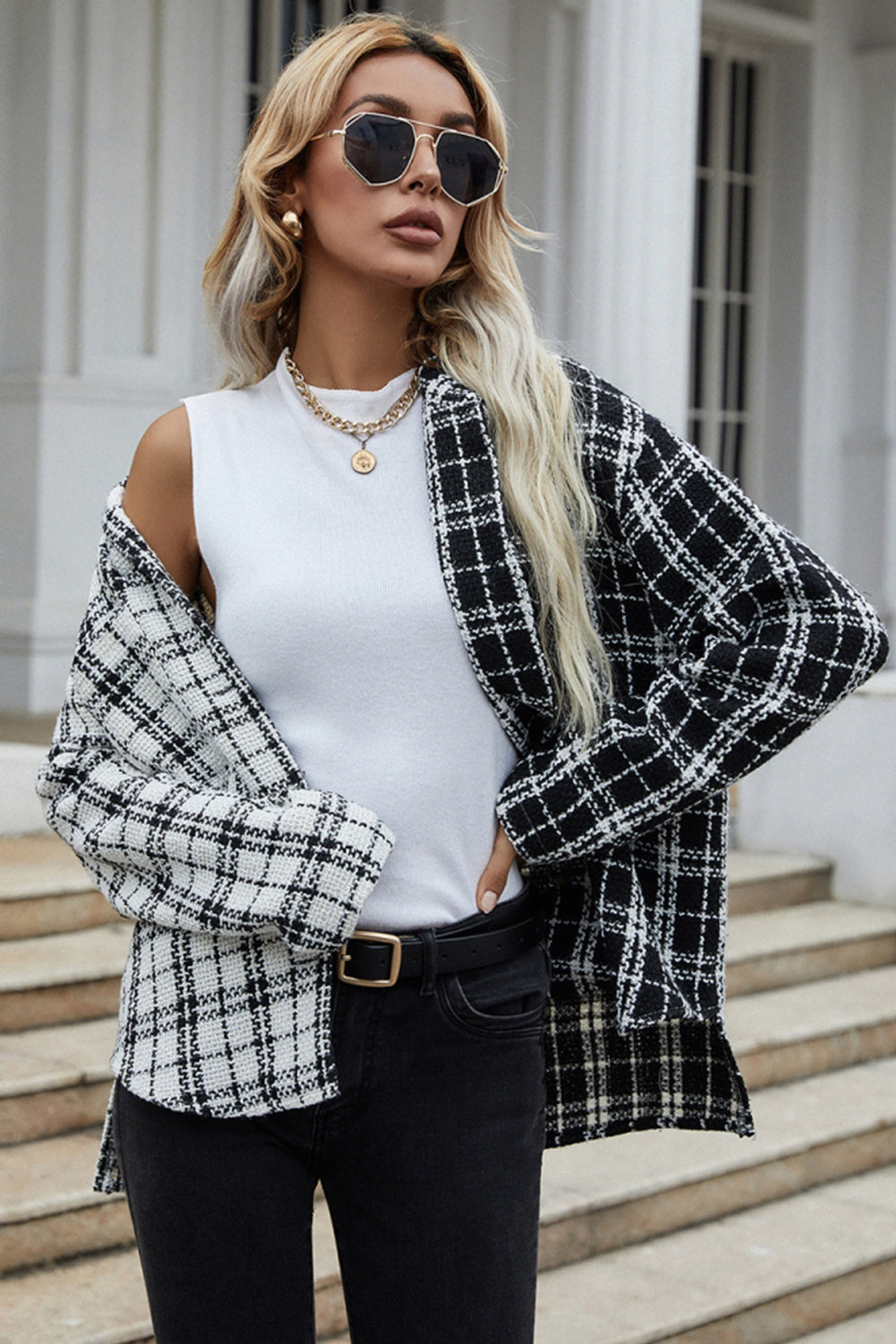 Black And White Patchwork Plaid Single-Breasted Jacket