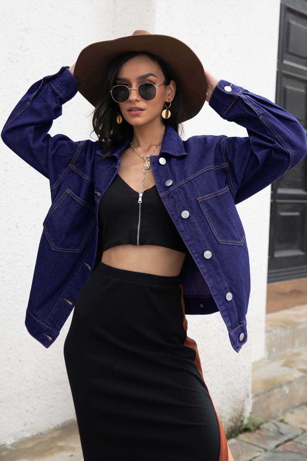 Lapel Long Sleeve Denim Jacket