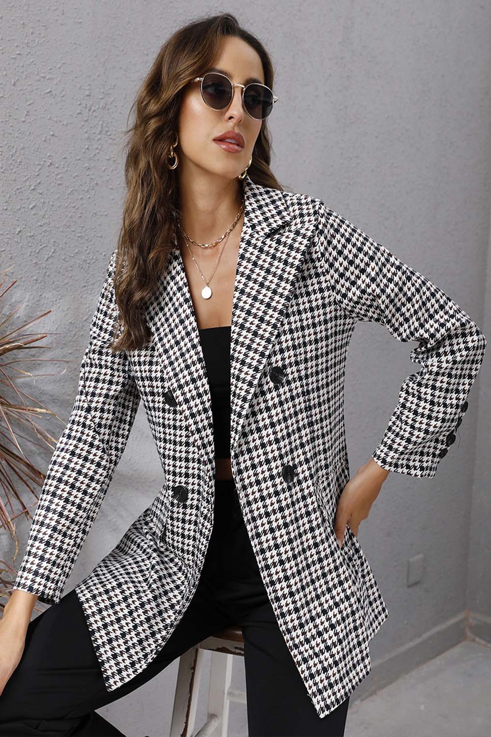 Houndstooth Lapel Long Sleeve Coat