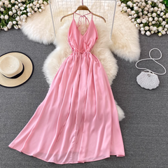 Pink V Neck Backless Summer Dress ,