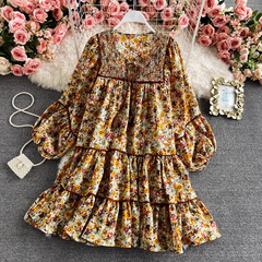 Retro loose square neck floral dress