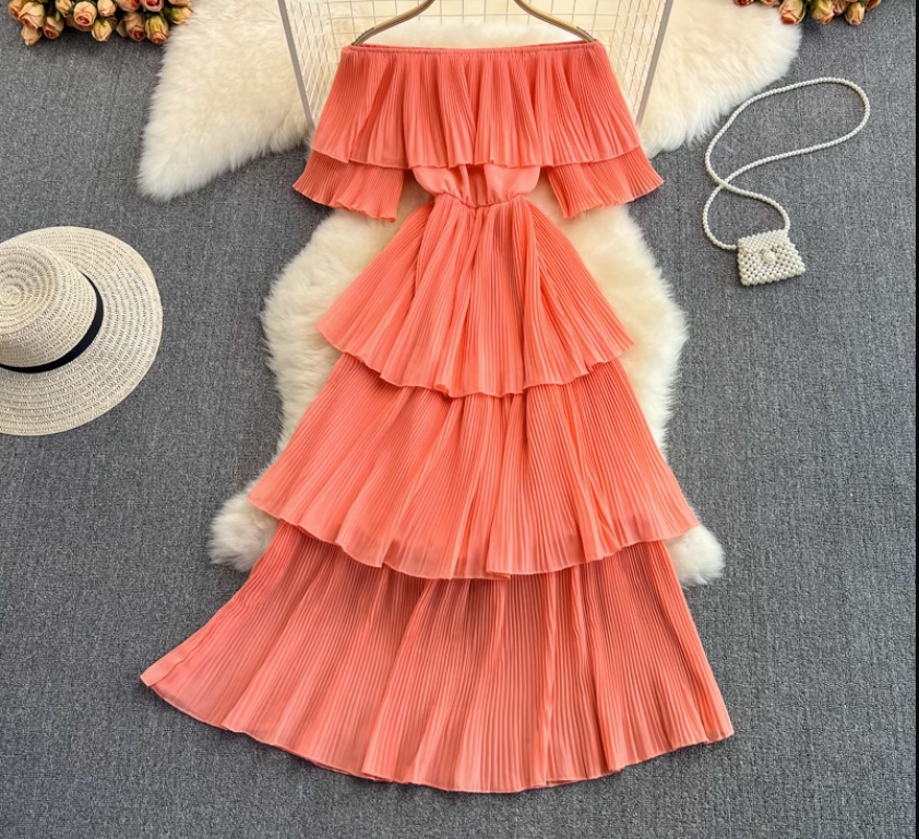 Off-the-shoulder strapless sweet ruffle maxi dress ,