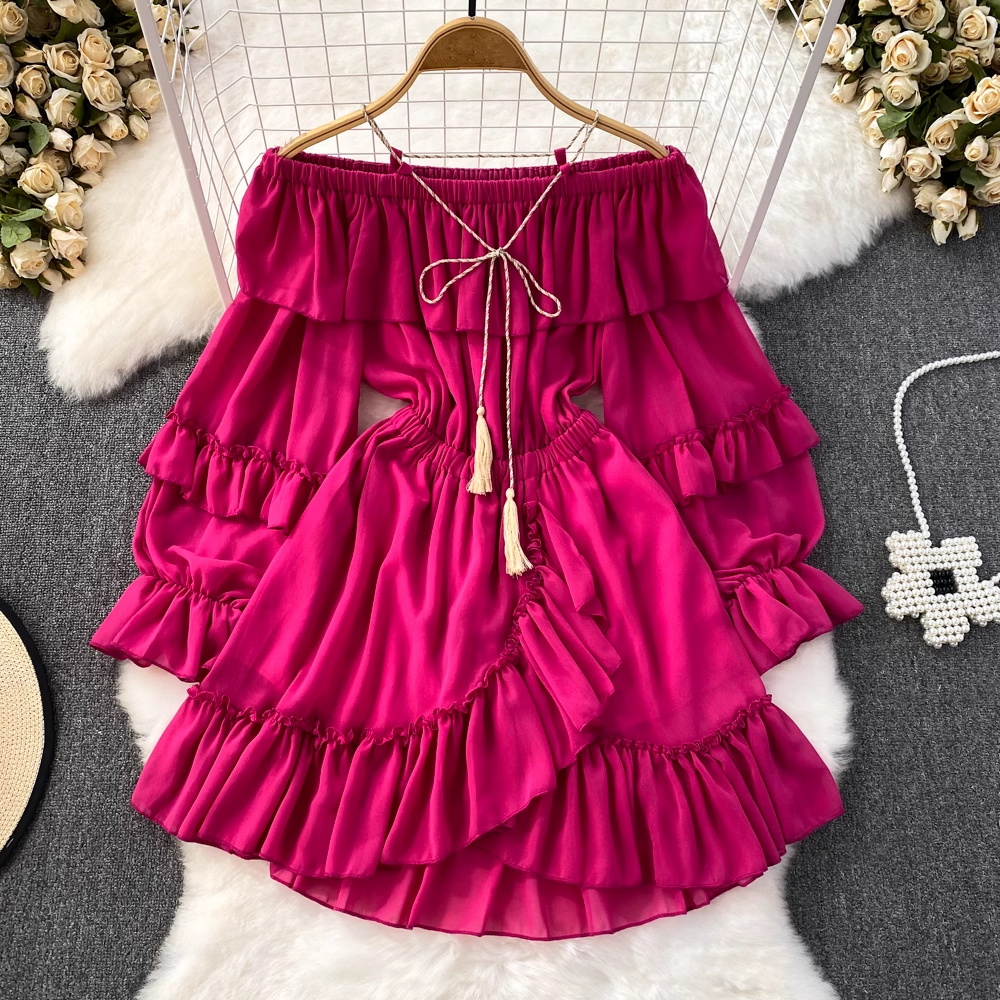 off-the-shoulder waistline slimming A-line dress with ruffles ,