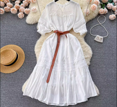 Puff sleeve hollow embroidery sweet summer dress for women,