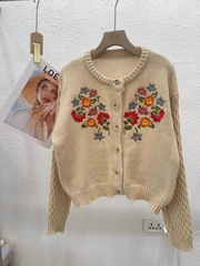 Embroidered cardigan crew neck knitted