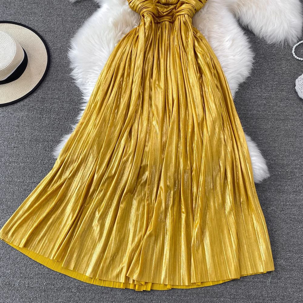 Metallic Halter Neck Bandeau Off-Shoulder Pleated Dress,