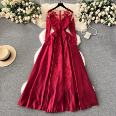 Red long-sleeve A-line dress