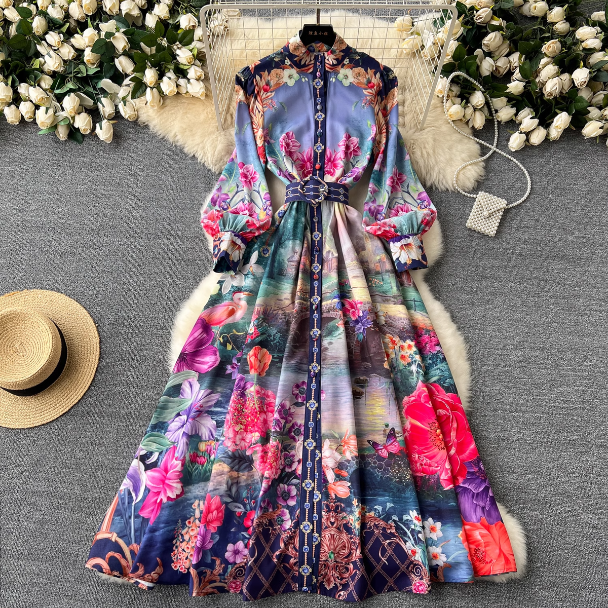 Retro French mid-length lantern long-sleeve printed dress