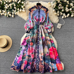 Retro French mid-length lantern long-sleeve printed dress