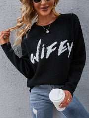 Black Round Neck Letter Sweater