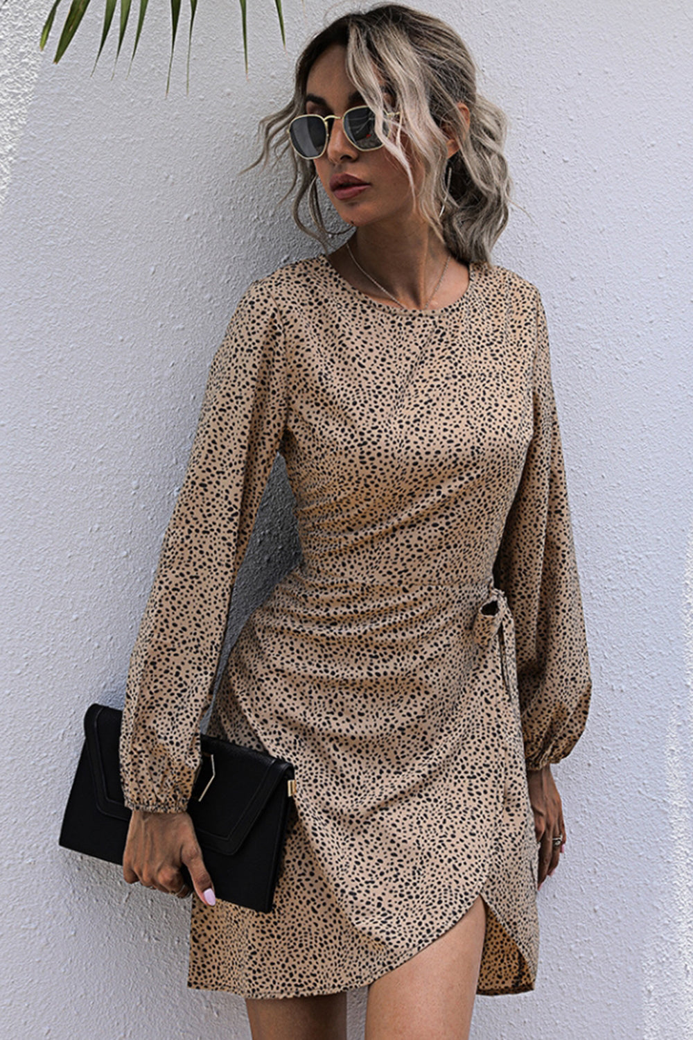 Irregular Long Sleeve Leopard Print Dress