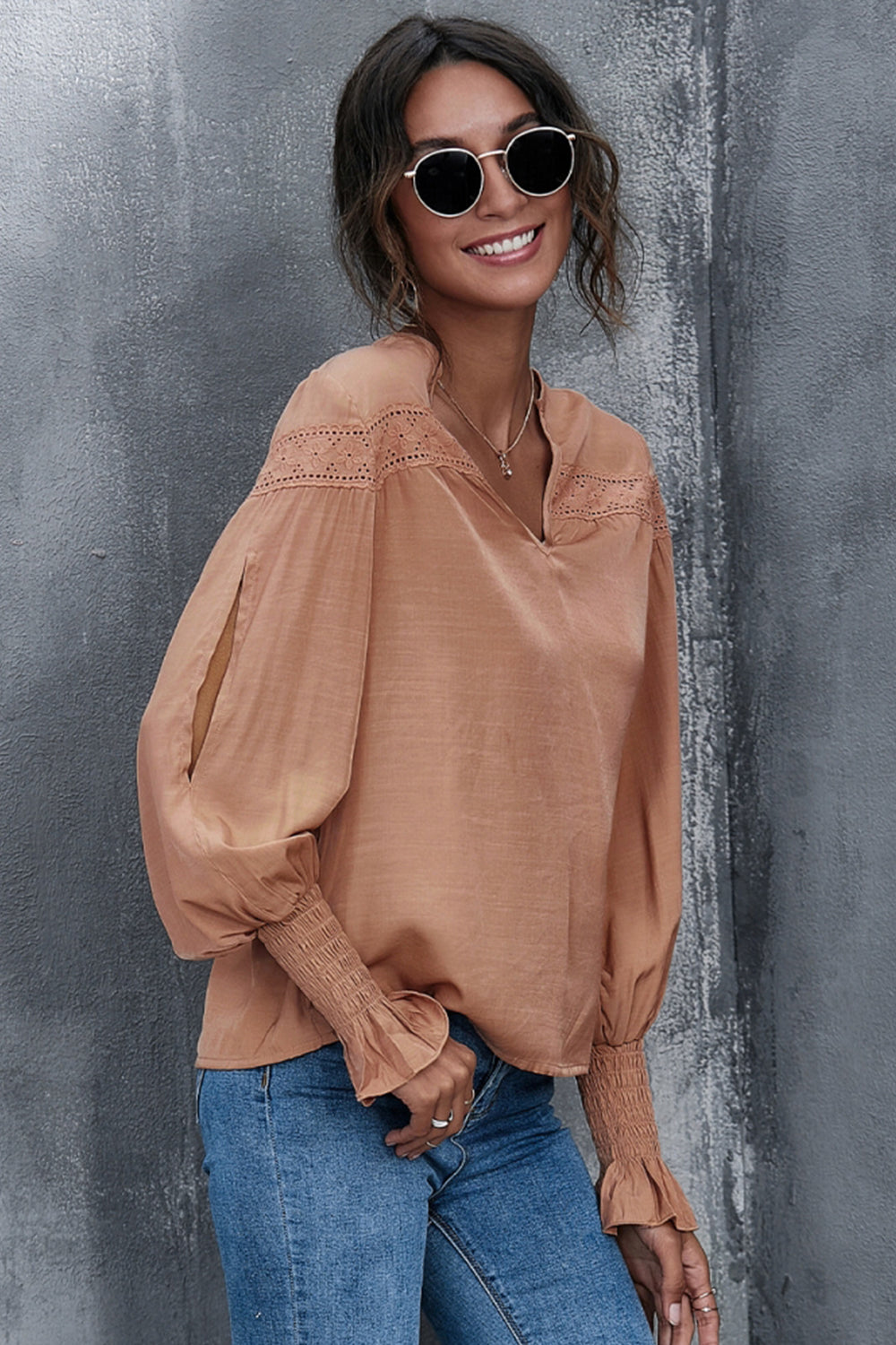 Lantern Sleeves V-neck Hollow Slit Blouse