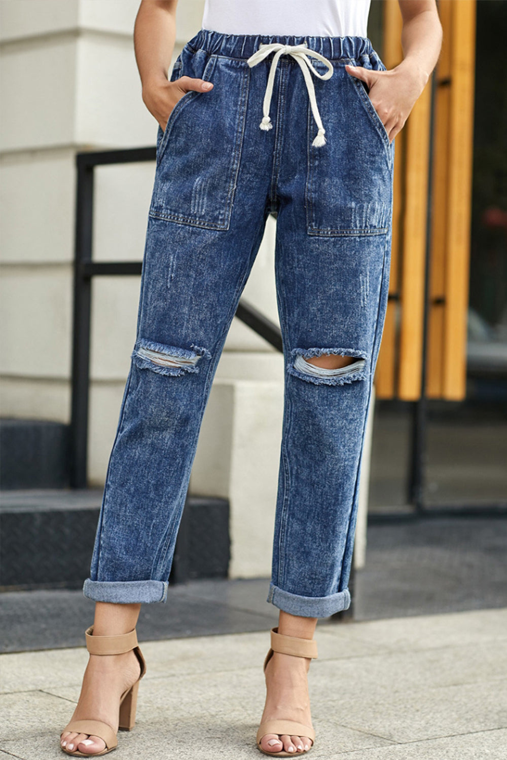 High-Waisted Tie Straight-Leg Ripped Jeans