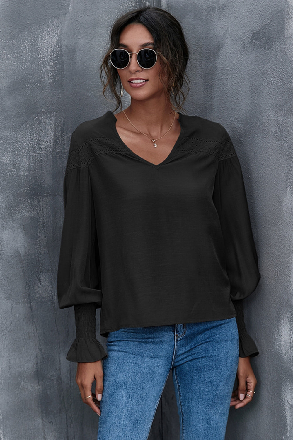 Lantern Sleeves V-neck Hollow Slit Blouse