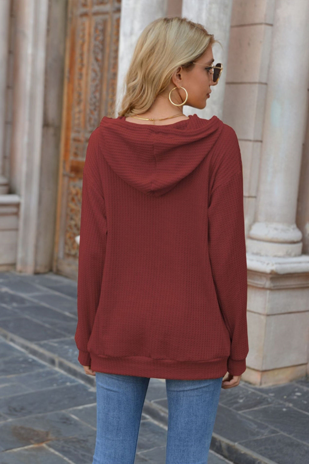 Hooded Pocket Solid Color Sweater