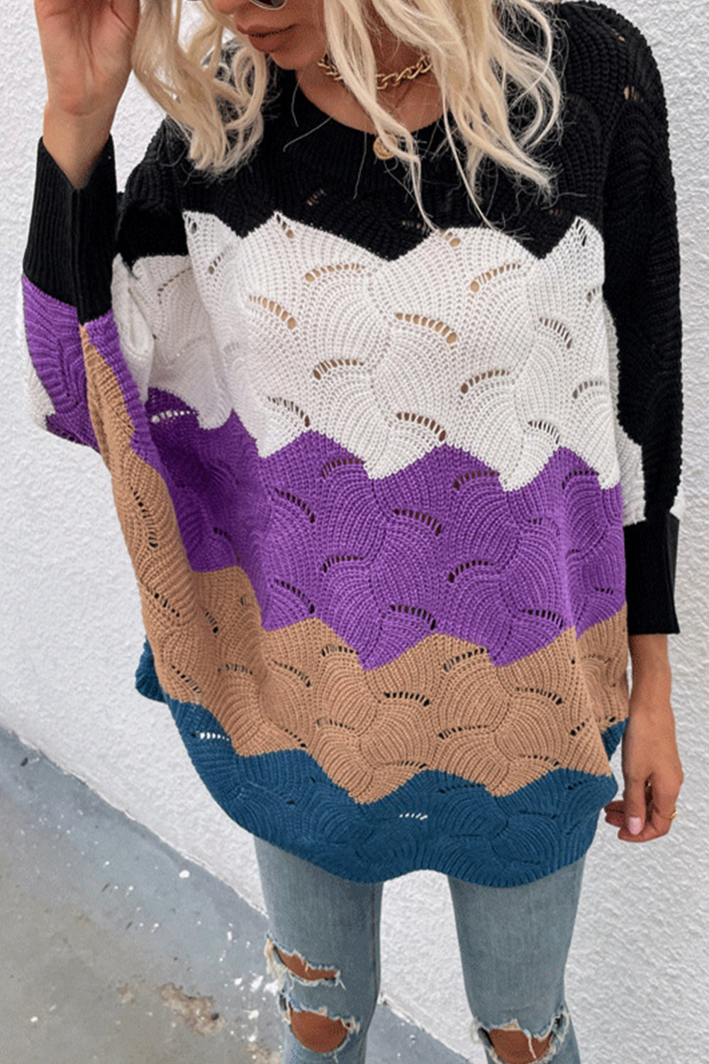 Bat Sleeve Contrast Hollow Knit Sweater