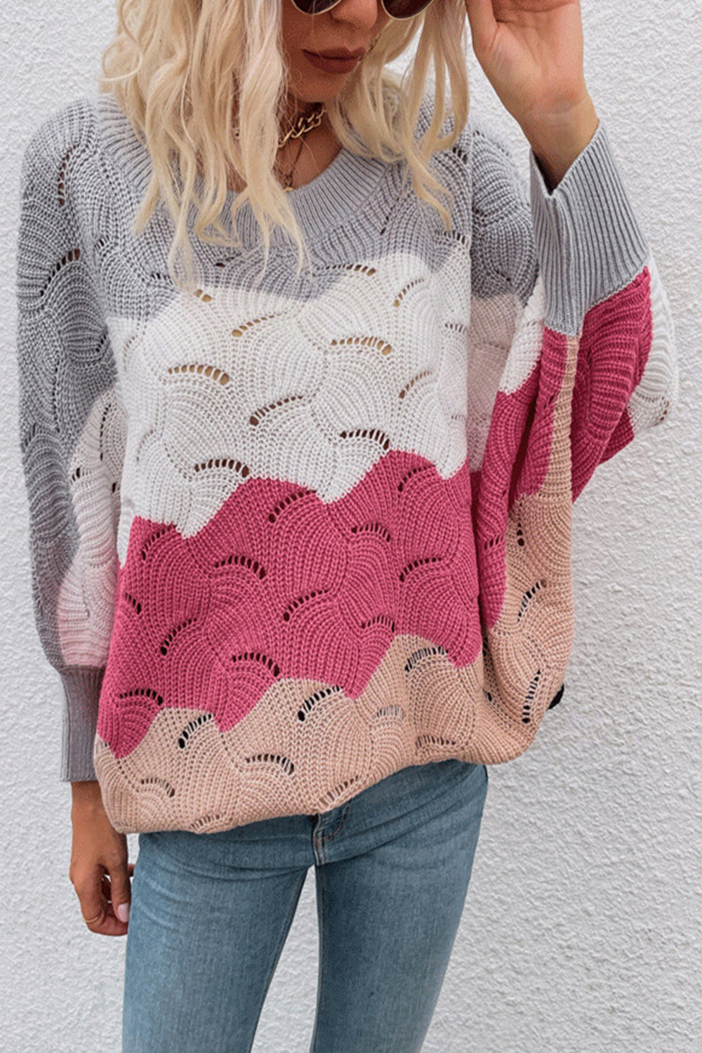 Bat Sleeve Contrast Hollow Knit Sweater