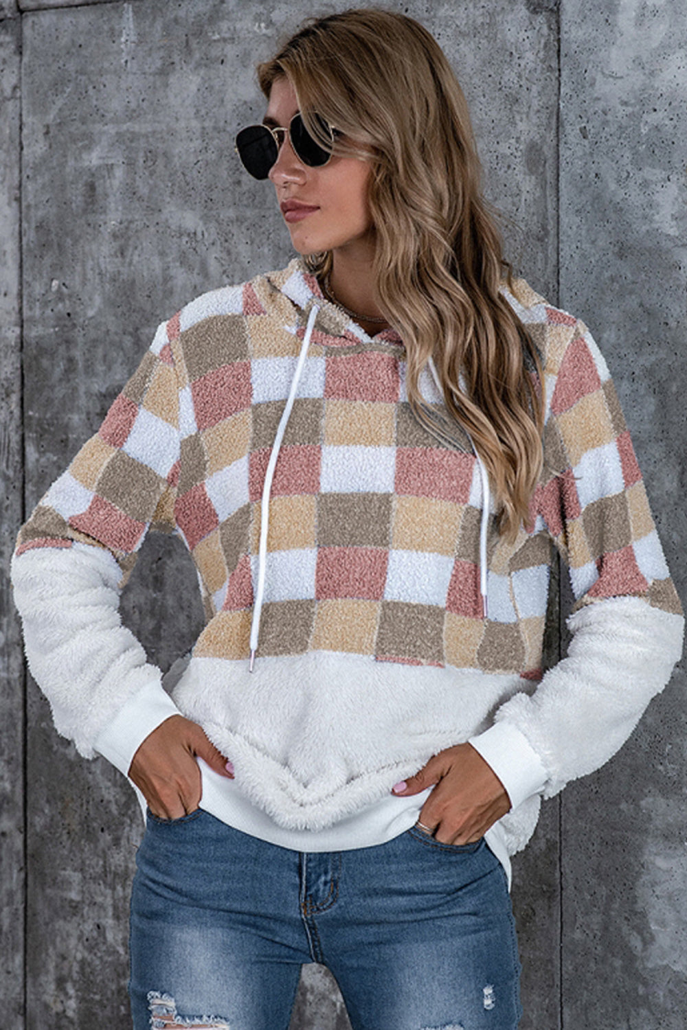 Large Plaid Loose Hooded Sweater