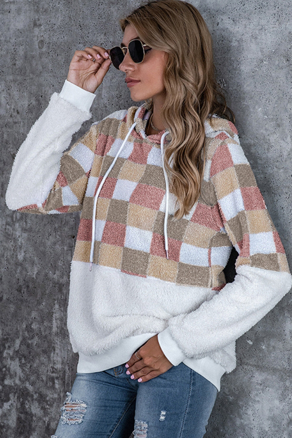 Large Plaid Loose Hooded Sweater