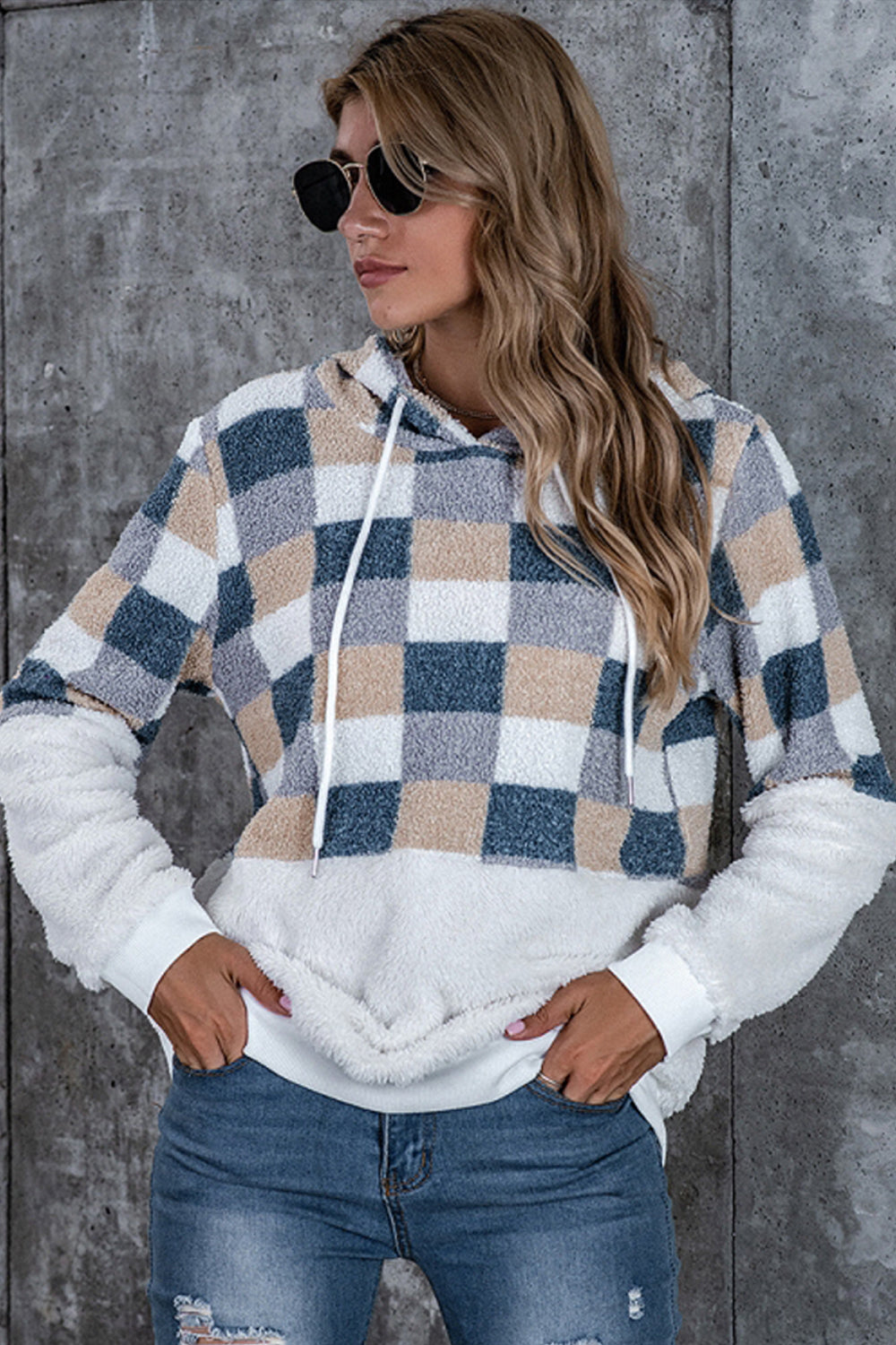 Large Plaid Loose Hooded Sweater