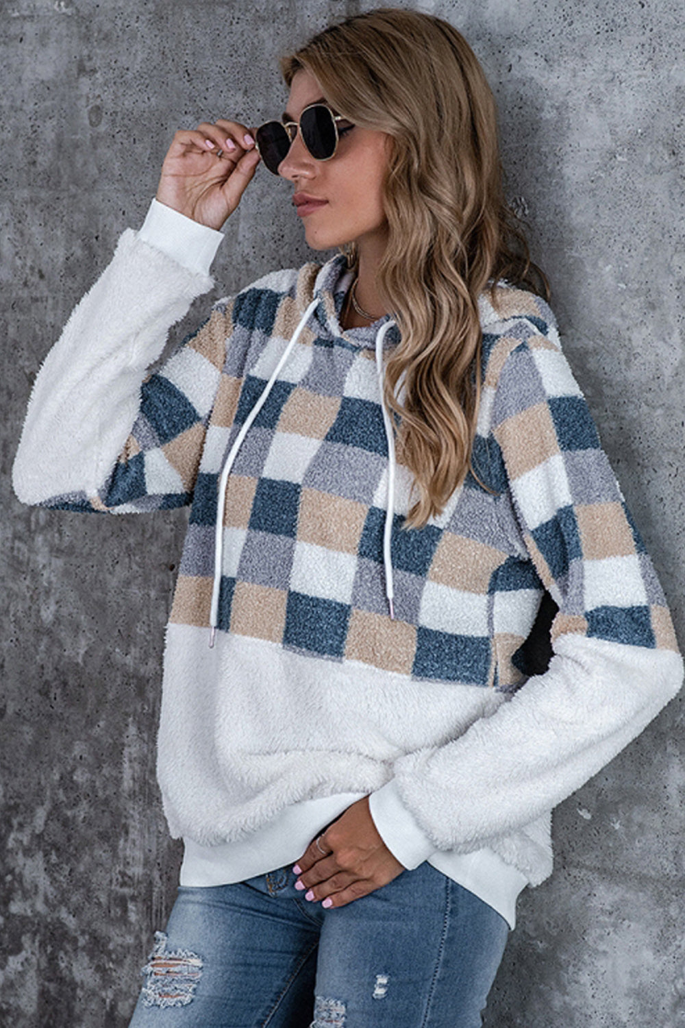 Large Plaid Loose Hooded Sweater