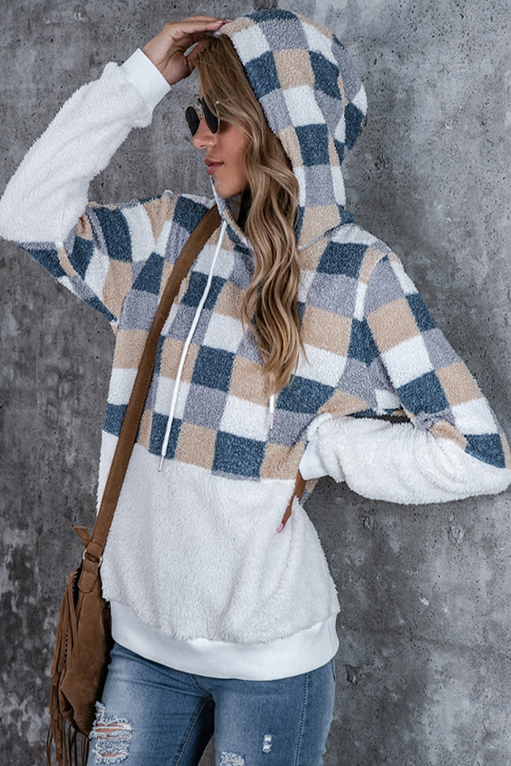 Large Plaid Loose Hooded Sweater