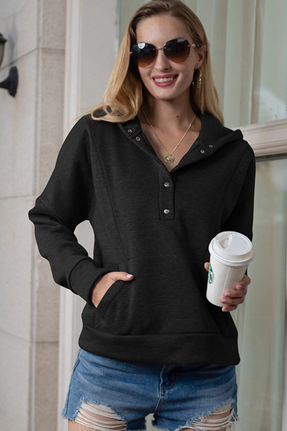 Hooded Pocket Button Solid Color Sweater