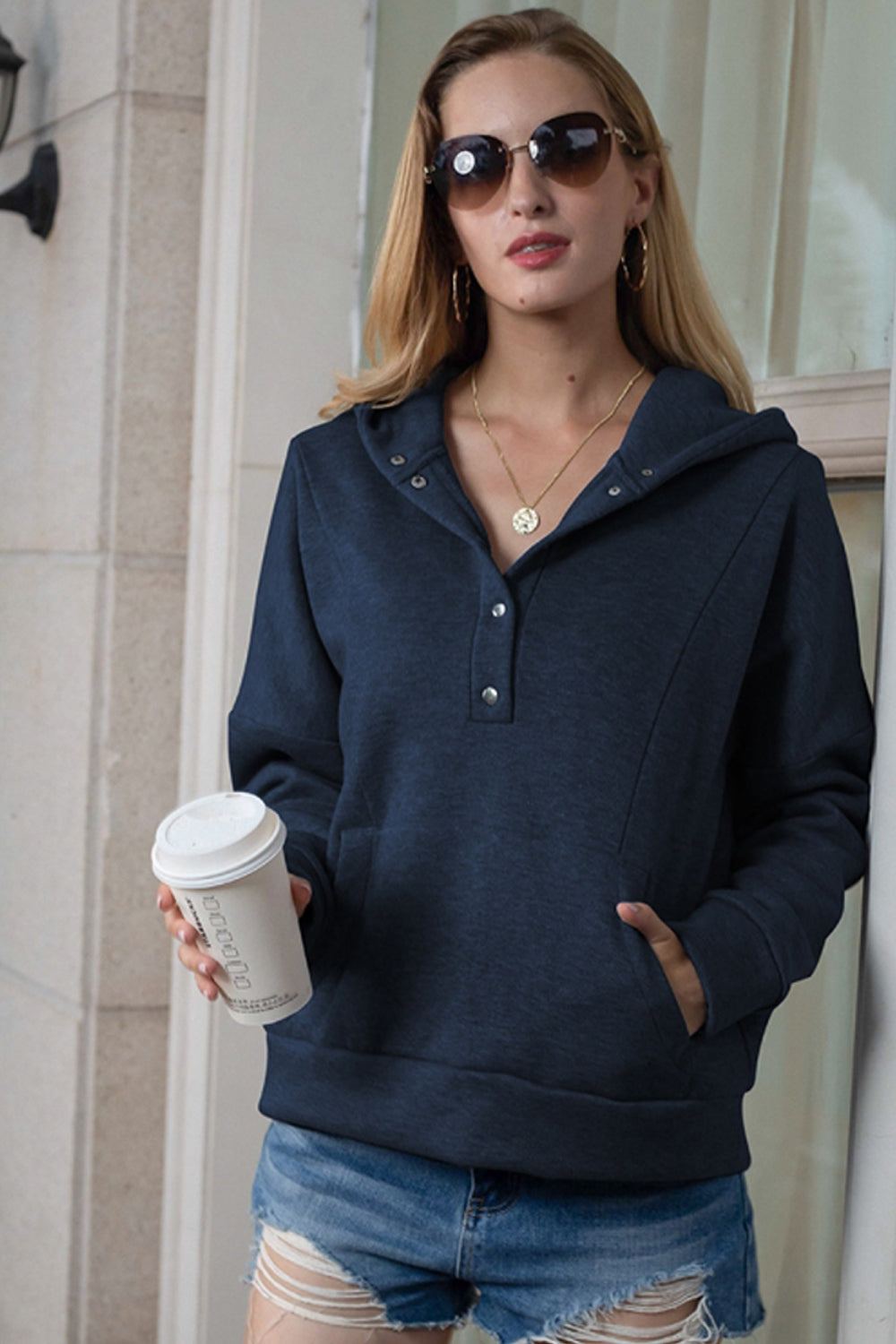 Hooded Pocket Button Solid Color Sweater