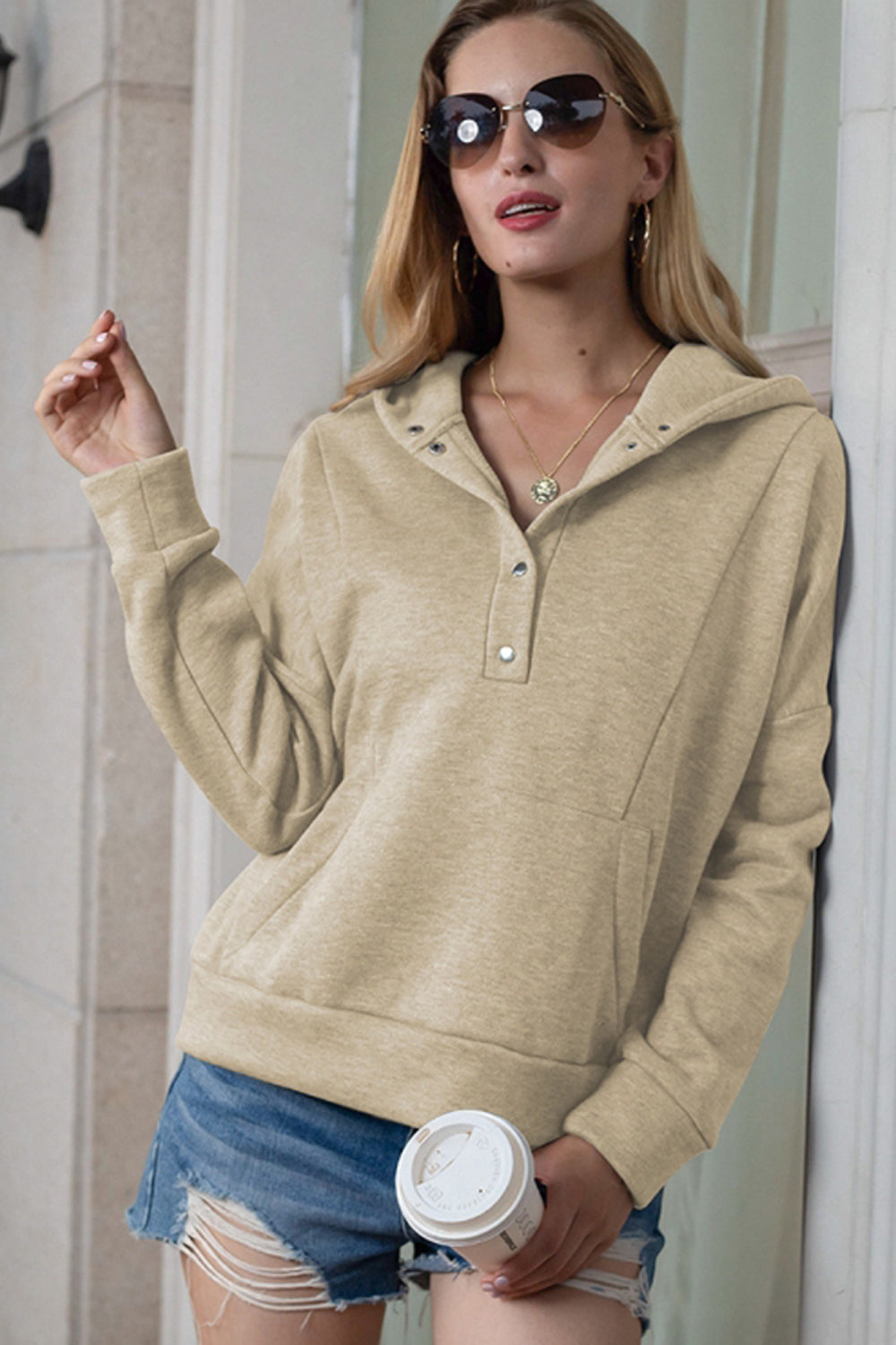 Hooded Pocket Button Solid Color Sweater