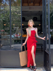 women's summer red suspender dress