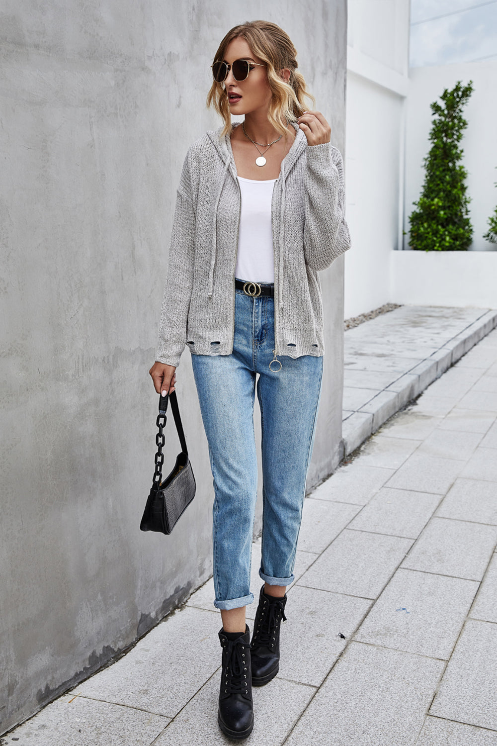 Knitted Open Front Hooded Sweater