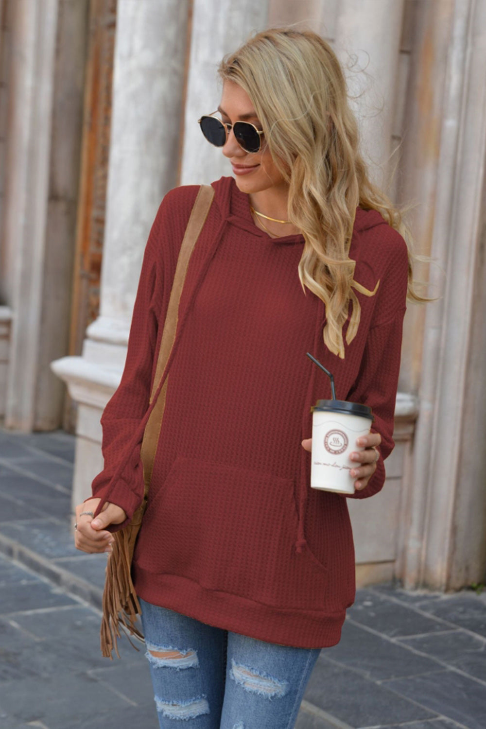 Hooded Pocket Solid Color Sweater