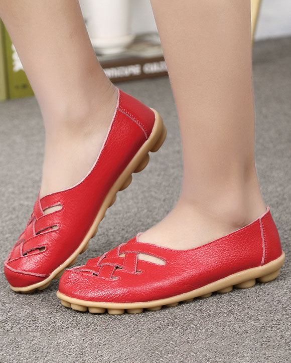 Hollow soft leather rubber flat shoes