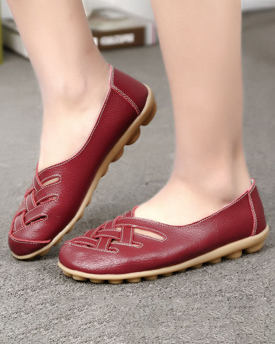 Hollow soft leather rubber flat shoes