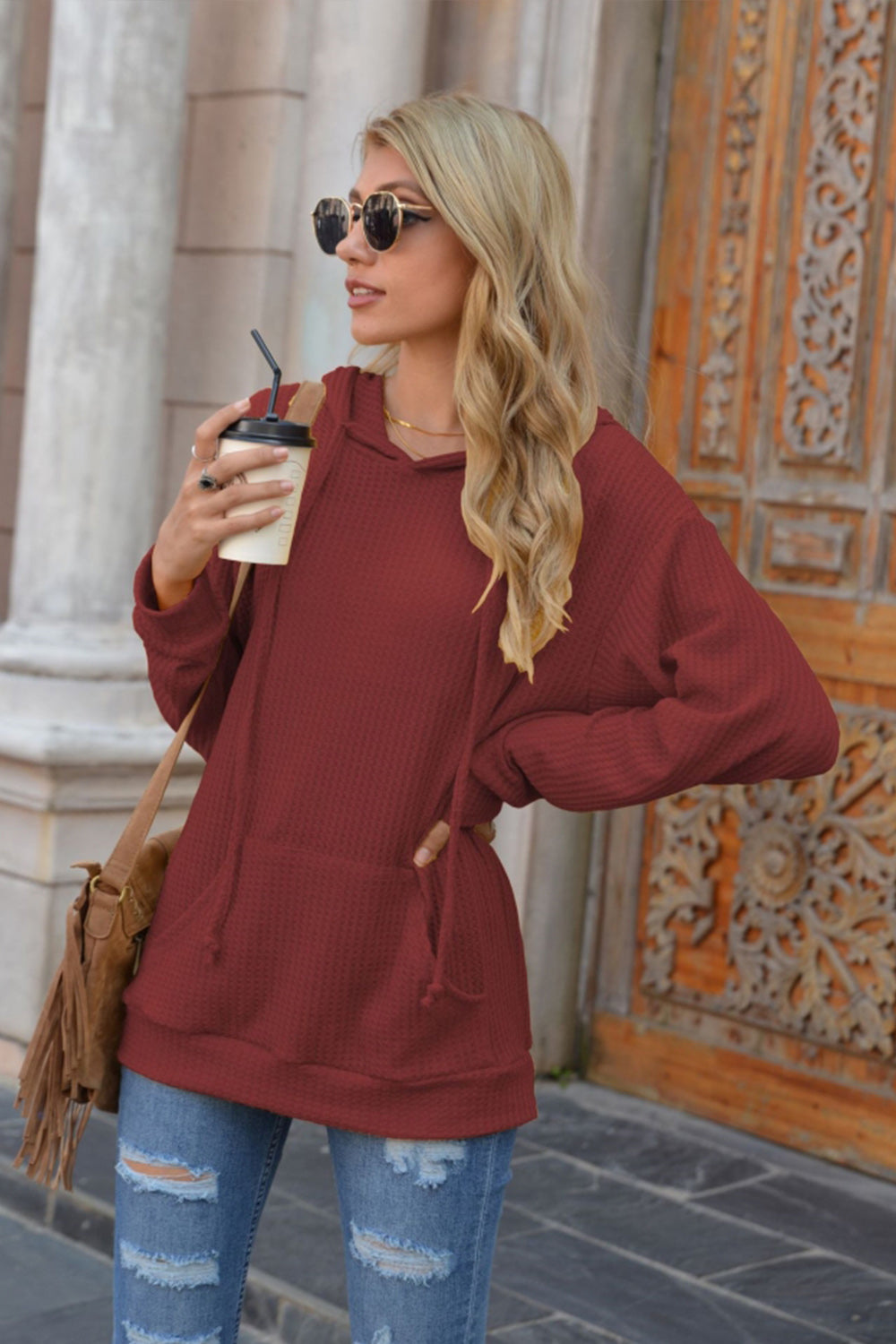 Hooded Pocket Solid Color Sweater