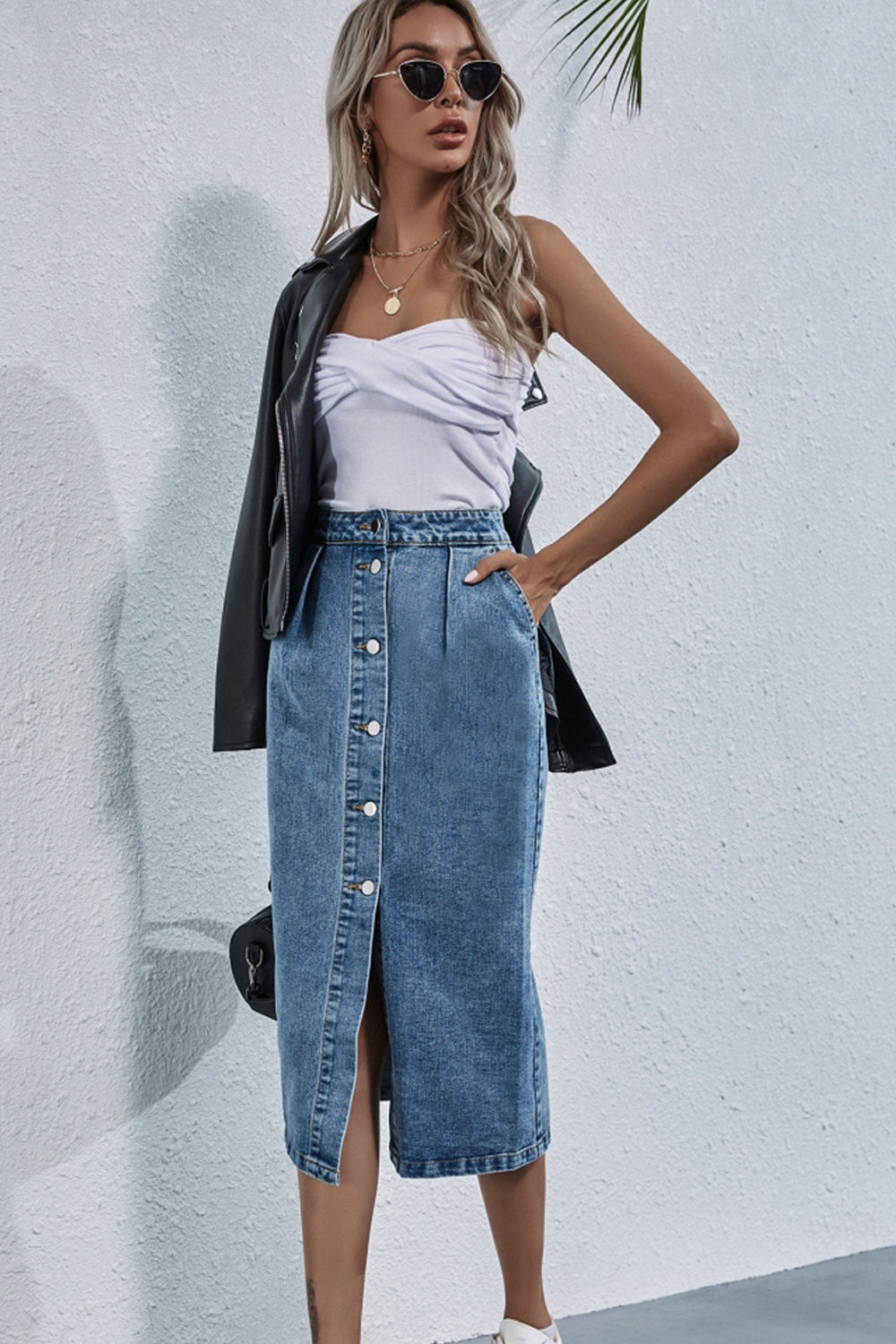 High Waist Single Breasted Denim Skirt