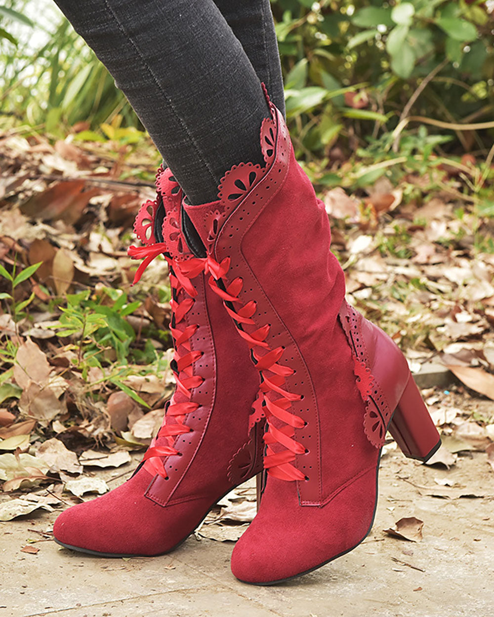 Hollow edge lace-up high heel mid-calf boots