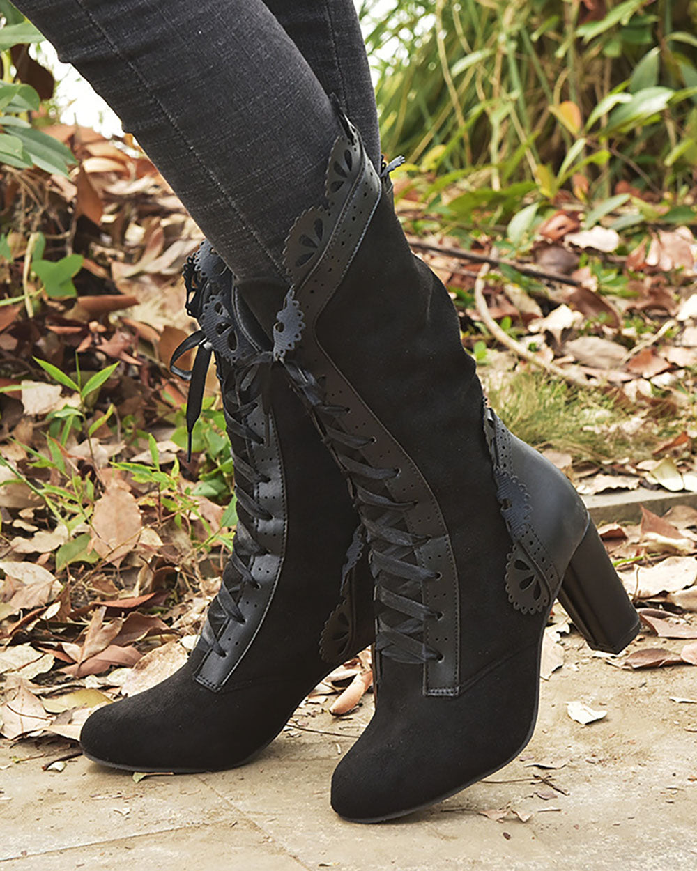 Hollow edge lace-up high heel mid-calf boots