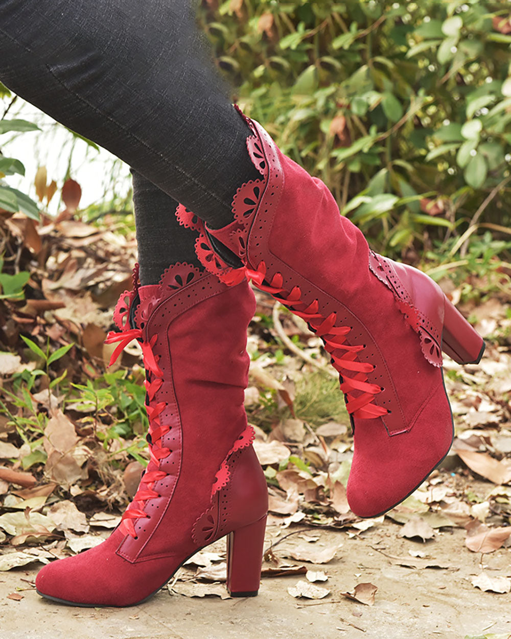 Hollow edge lace-up high heel mid-calf boots